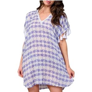 Z&L Vacation White and Purple Palm Print Swim Coverup M/L Vacation Tunic